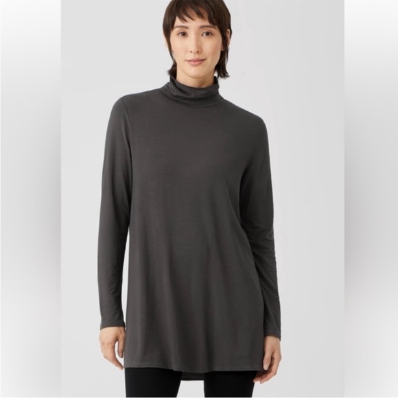 Eileen Fisher Fine Jersey Scrunch Neck Long tunic top espresso small mock neck - Picture 1 of 10